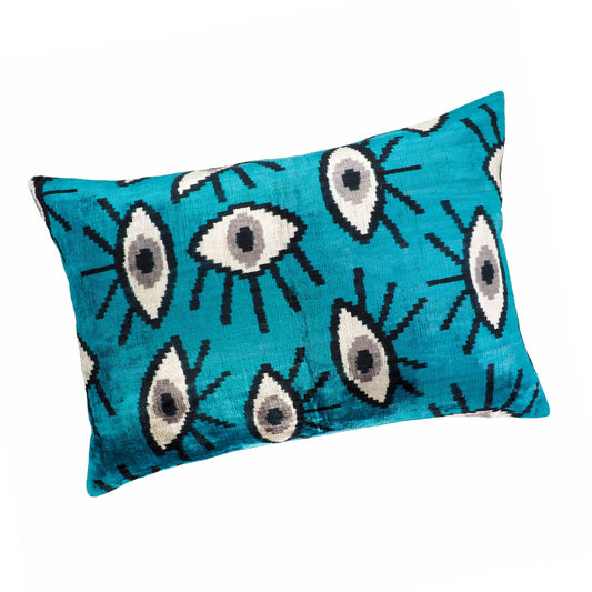 Blue Eyes Silk Velvet Ikat Throw Pillow Cover 16 X 24
