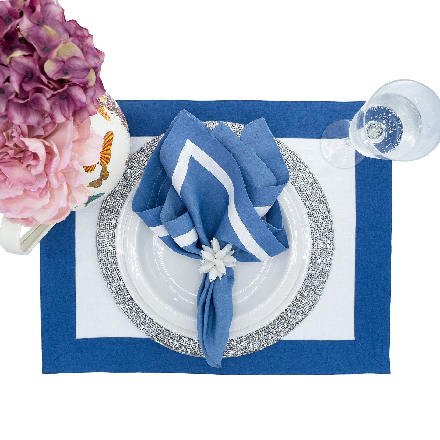 Blue Linen Napkins With White Borders, Set of 4