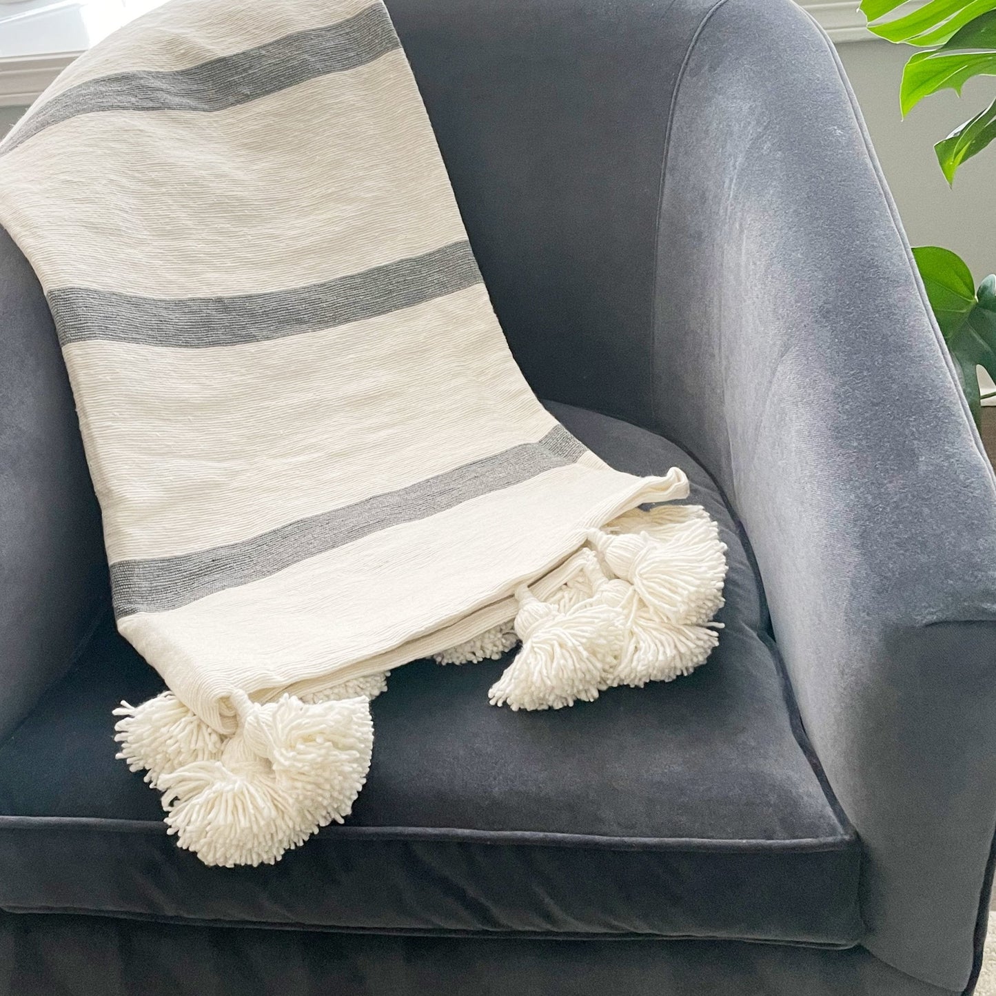 Gray Stripe Pom Pom Throw