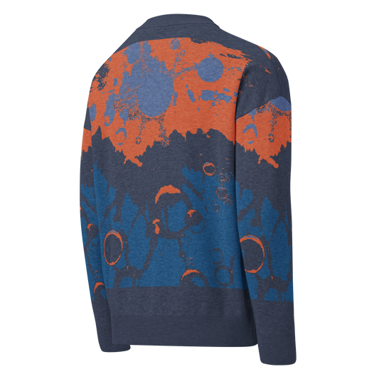 Relaxed fit knitted crew neck sweater - Abstract Blue and Burnt Orange