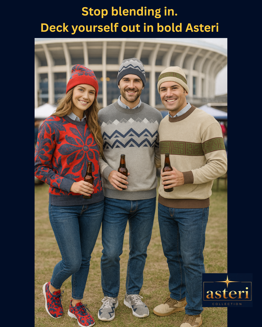 Unisex Relaxed fit knitted crew neck sweater - Grey Navy Geometric