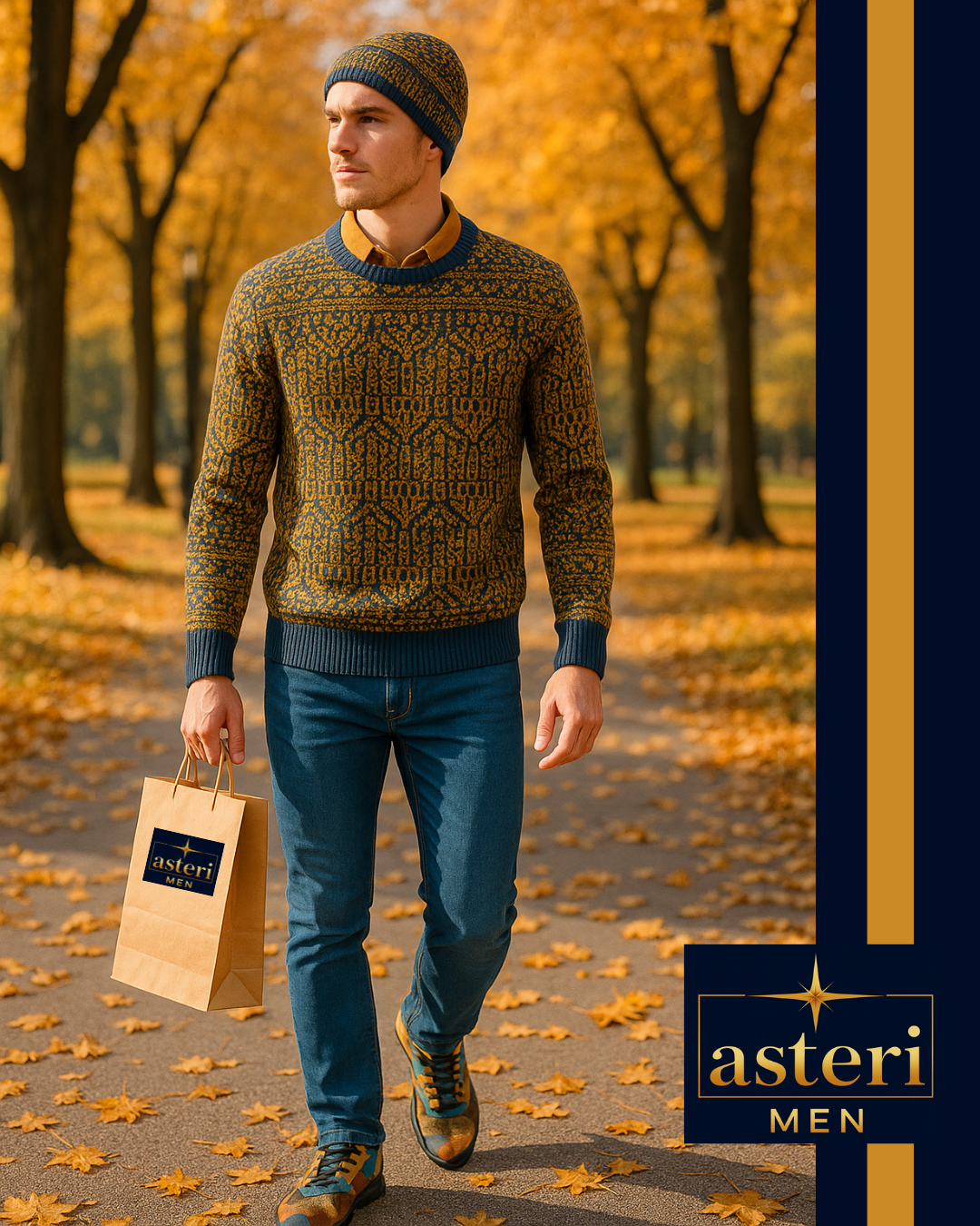 Unisex Knitted Jacquard Sweater - Relaxed fit crew neck "Mustard Flower"