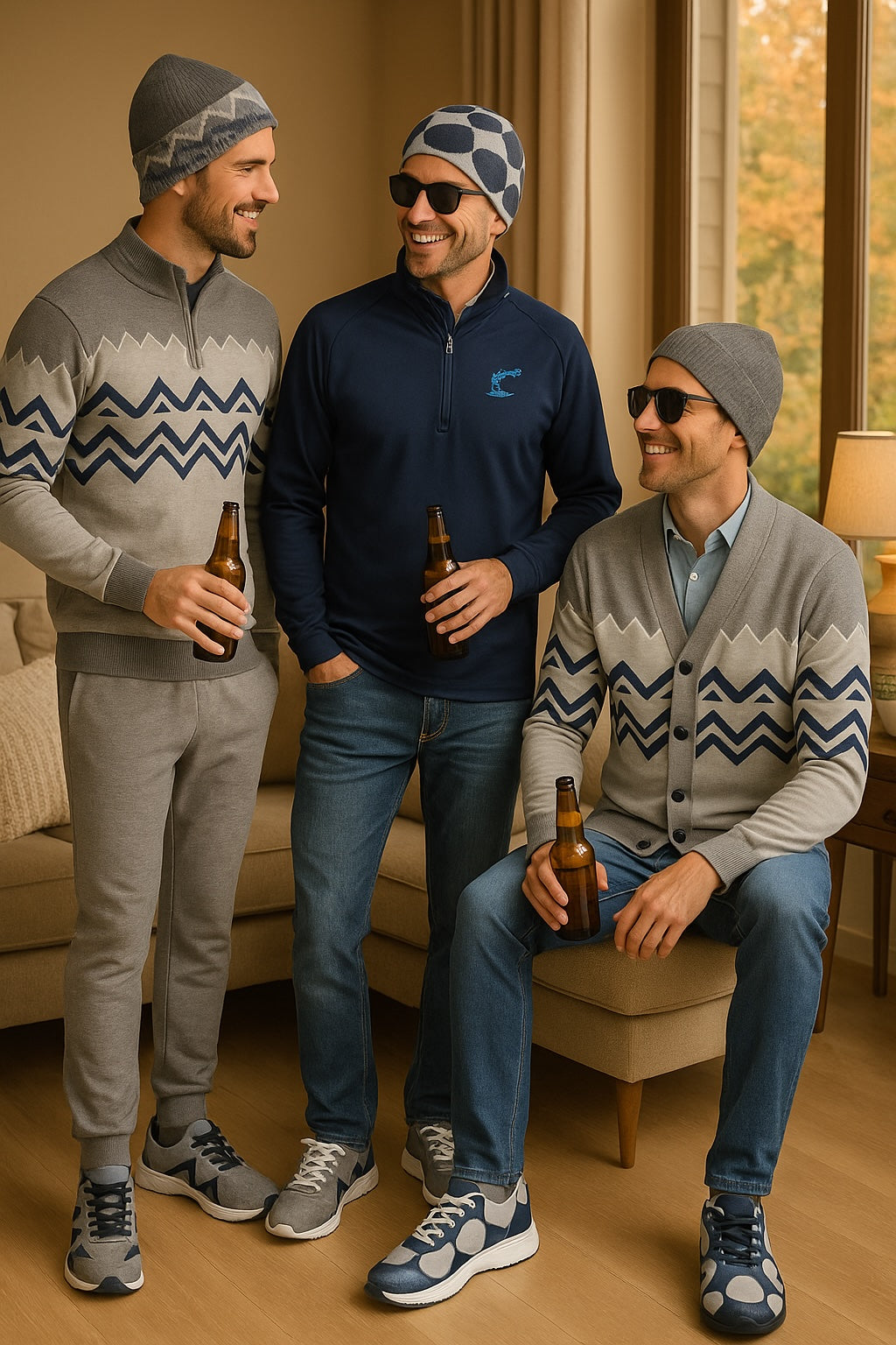 Unisex Relaxed fit knitted crew neck sweater - Grey Navy Geometric