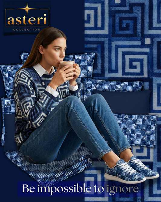 Women’s straight bottom knitted sweater - Greek Key in Blue