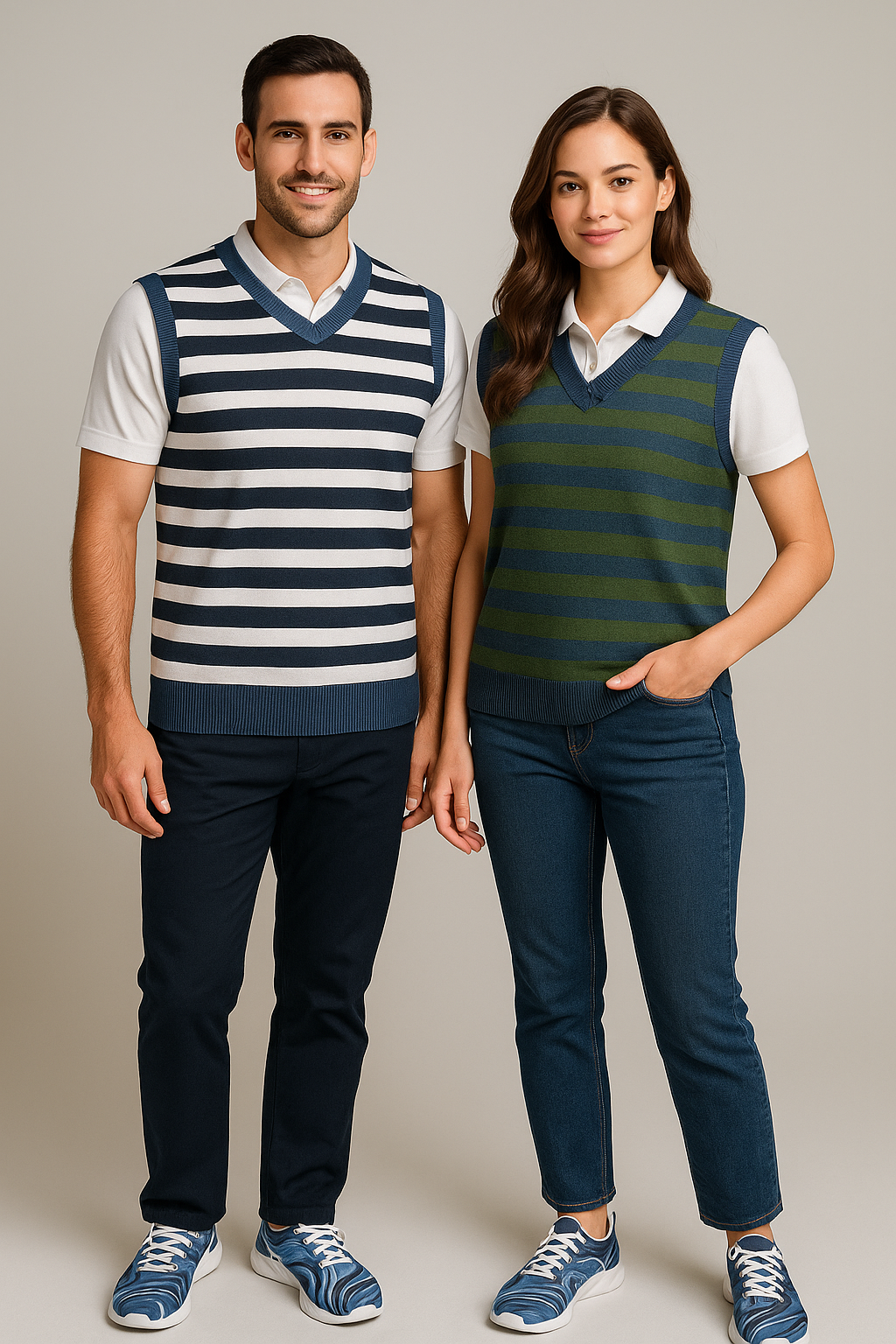 Bold Navy & White Striped Knitted V-Neck Sweater