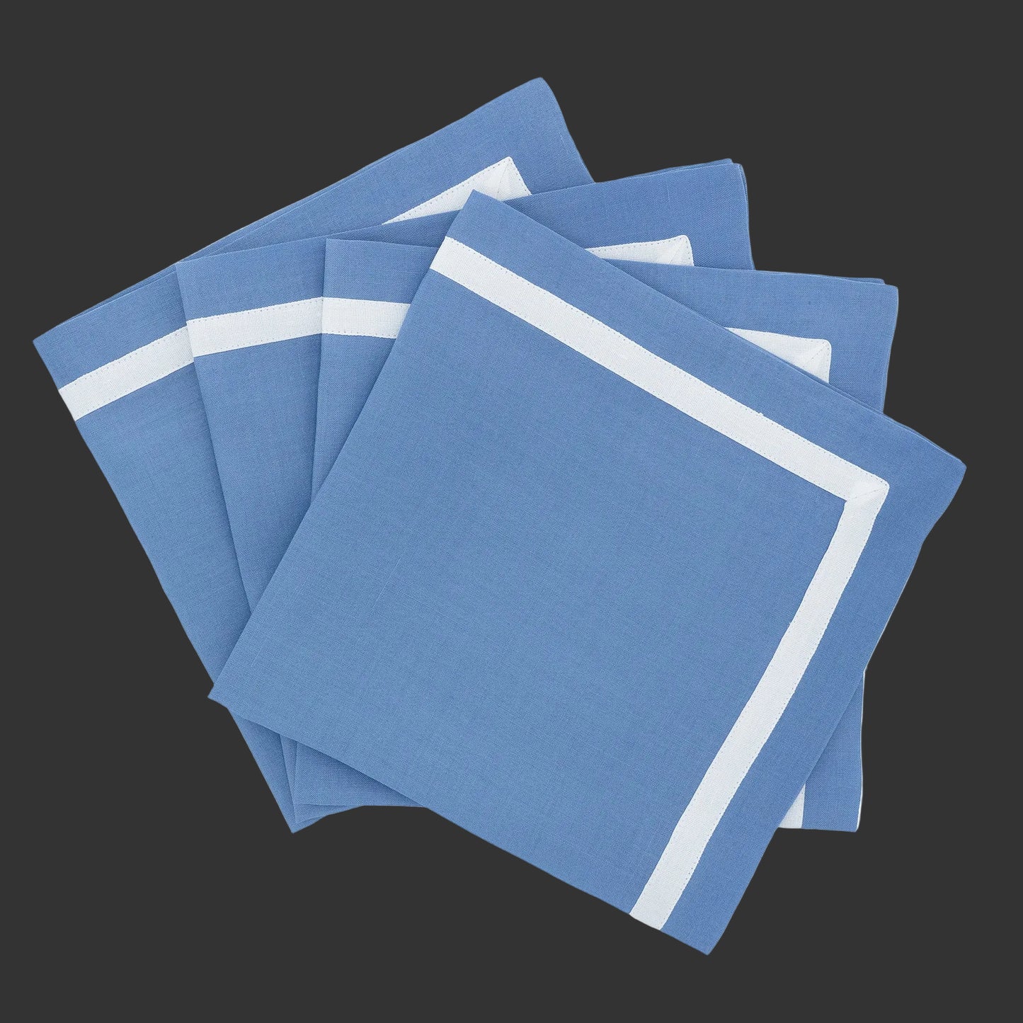 Blue Linen Napkins With White Borders, Set of 4