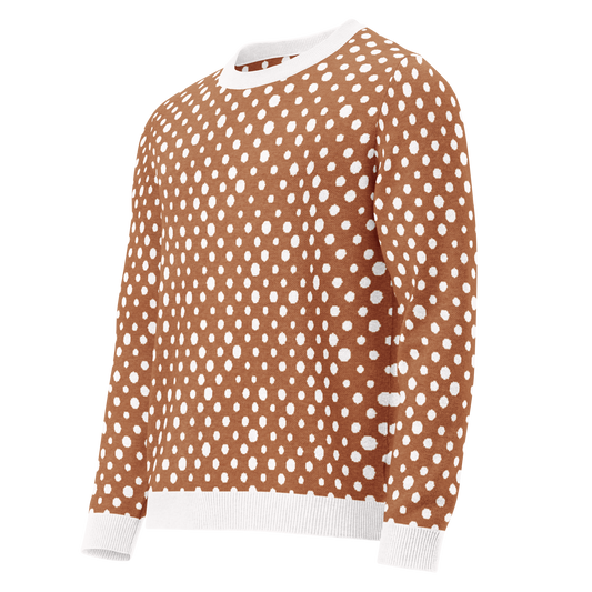 Knitted crew neck sweater - Deep Carmel and White Polka Dots