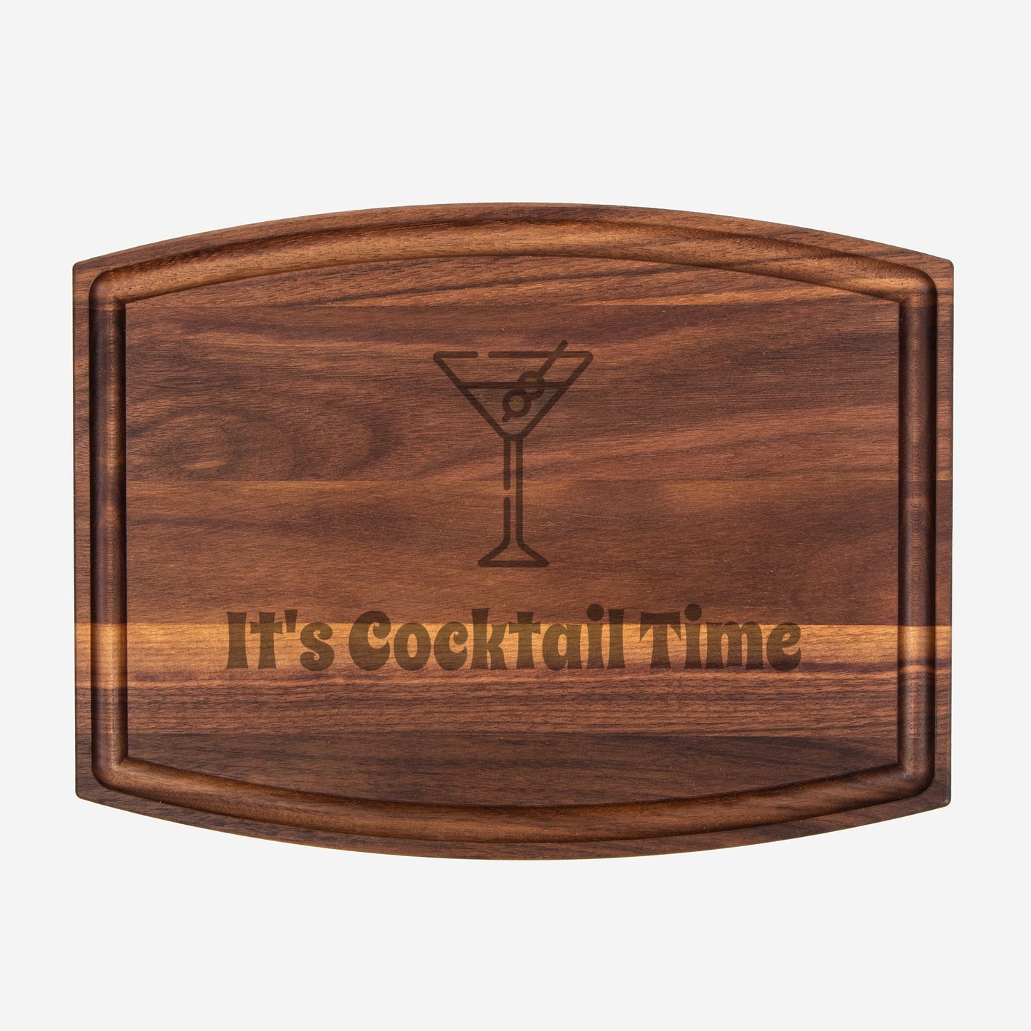 It's Cocktail Time - Arched Wood Cutting Board with Groove - 12" x 9"