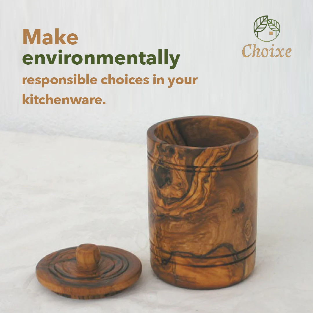 Olive Wood Salt Keeper With Lid - Hand Carved Spice Jar For Kitchen