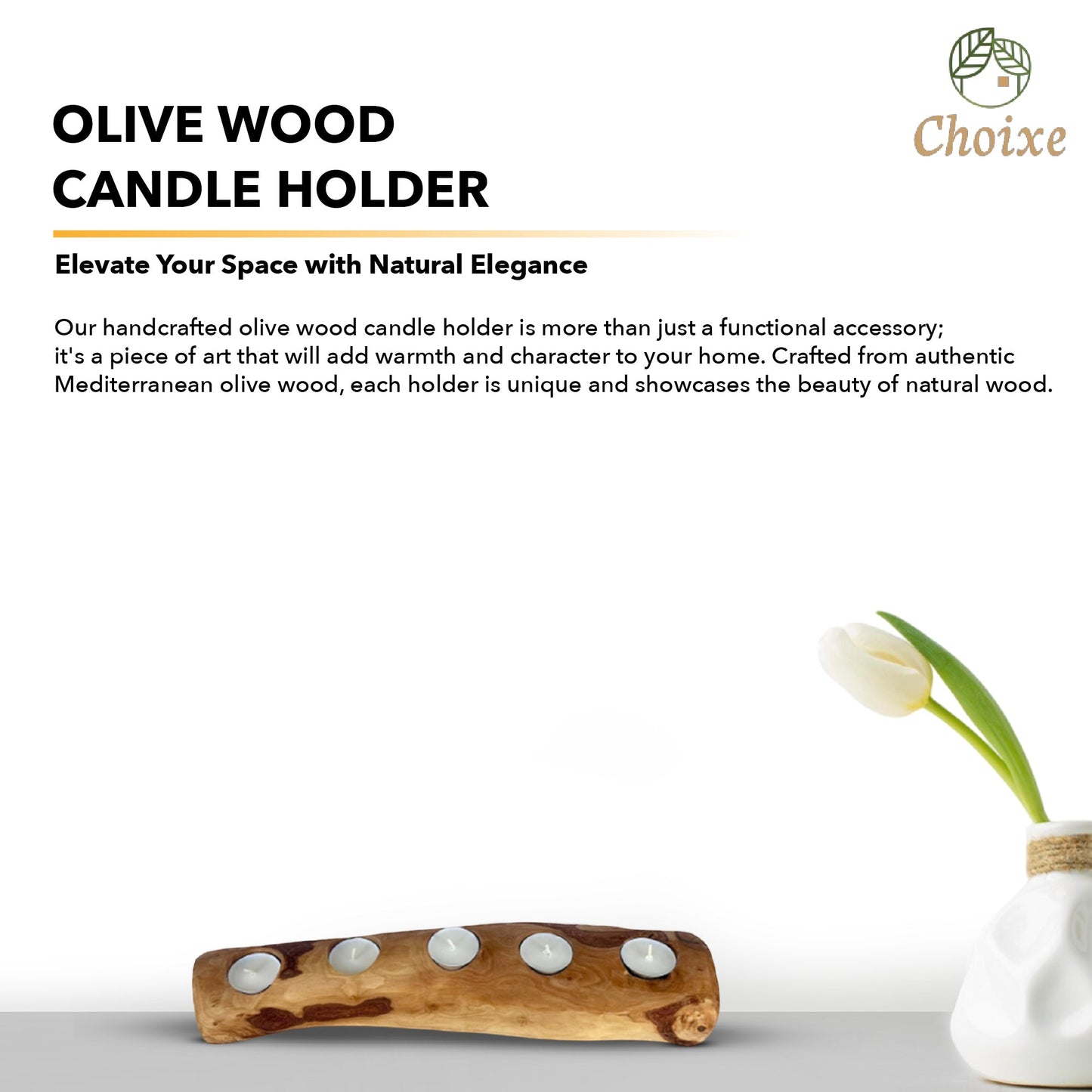 Olive Wood Candle Holder, Handcrafted Mediterranean Wood Tealight Stand