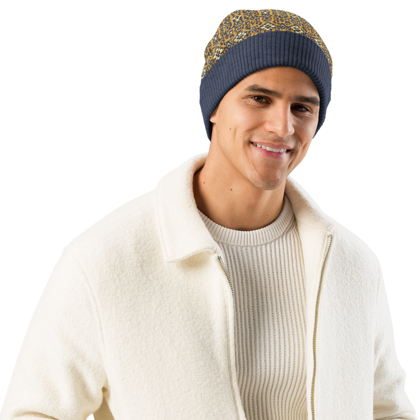 Unisex Knitted Jacquard Sweater - Relaxed fit crew neck "Mustard Flower"