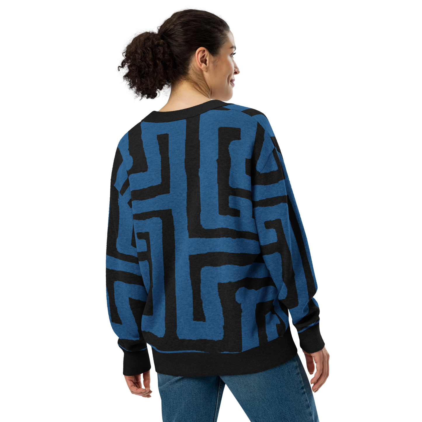 Knitted cardigan sweater - Blue Black Key Geometric