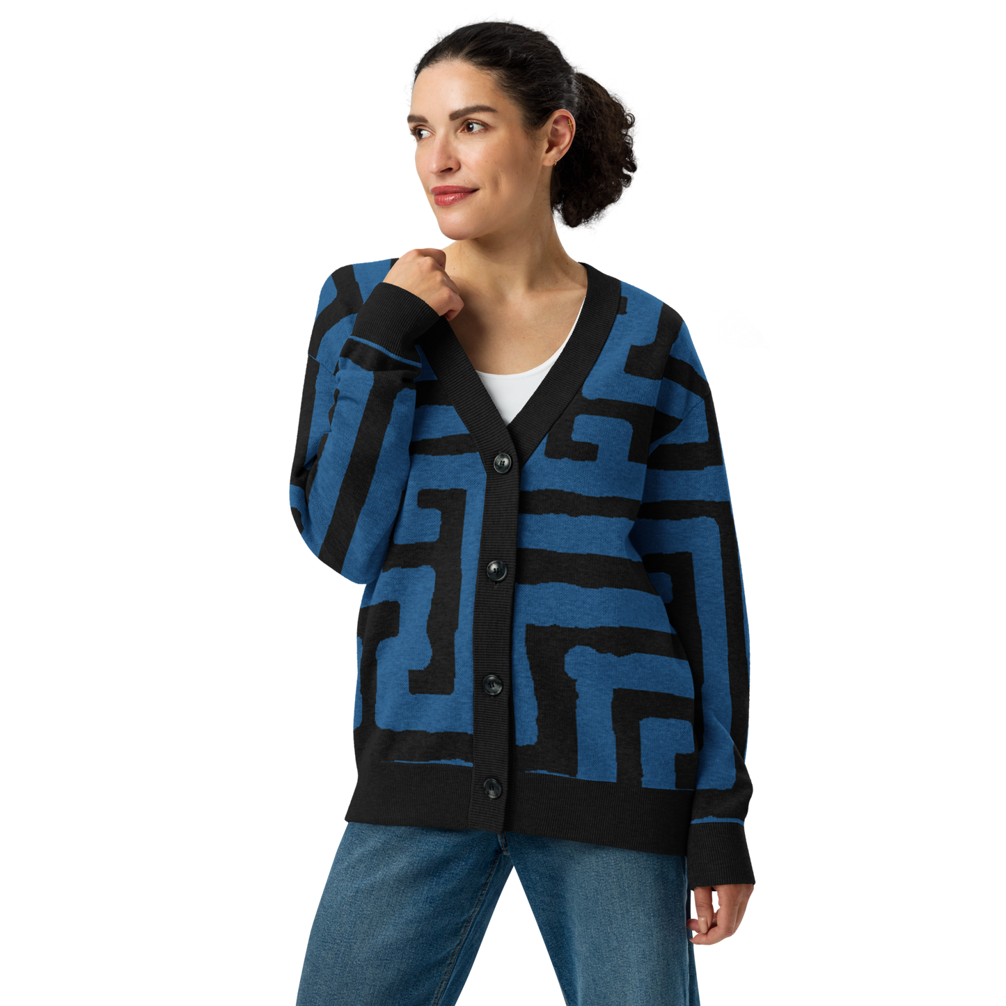 Knitted cardigan sweater - Blue Black Key Geometric