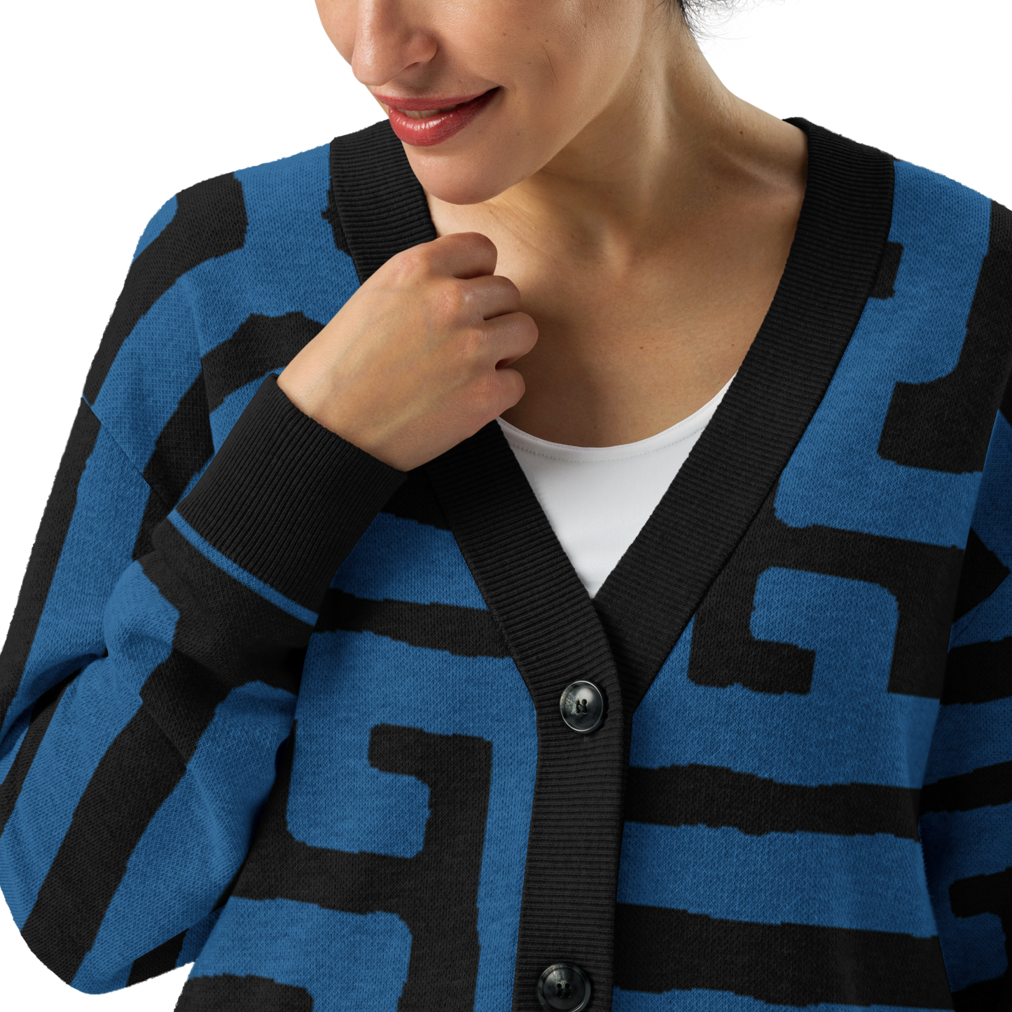 Knitted cardigan sweater - Blue Black Key Geometric