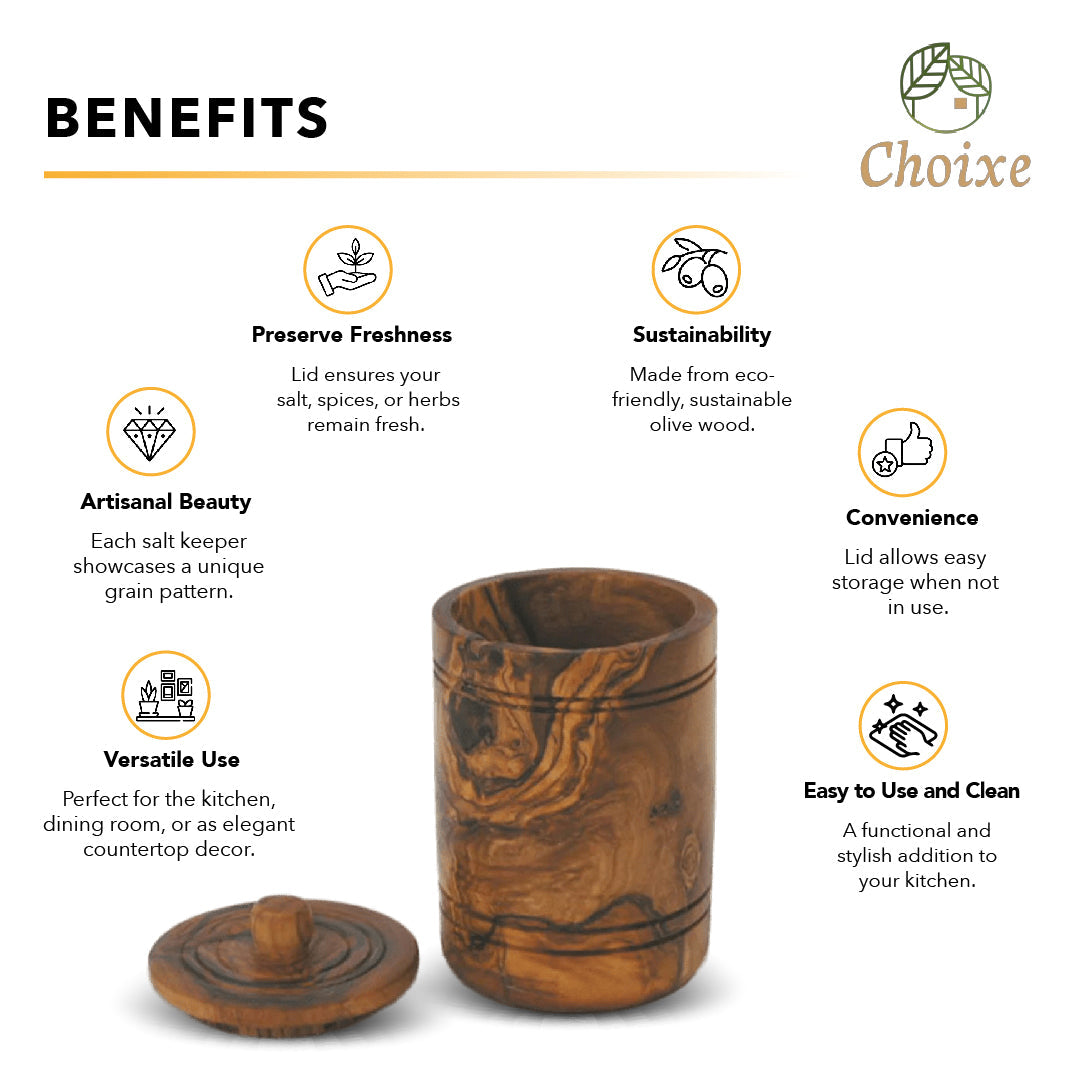 Olive Wood Salt Keeper With Lid - Hand Carved Spice Jar For Kitchen