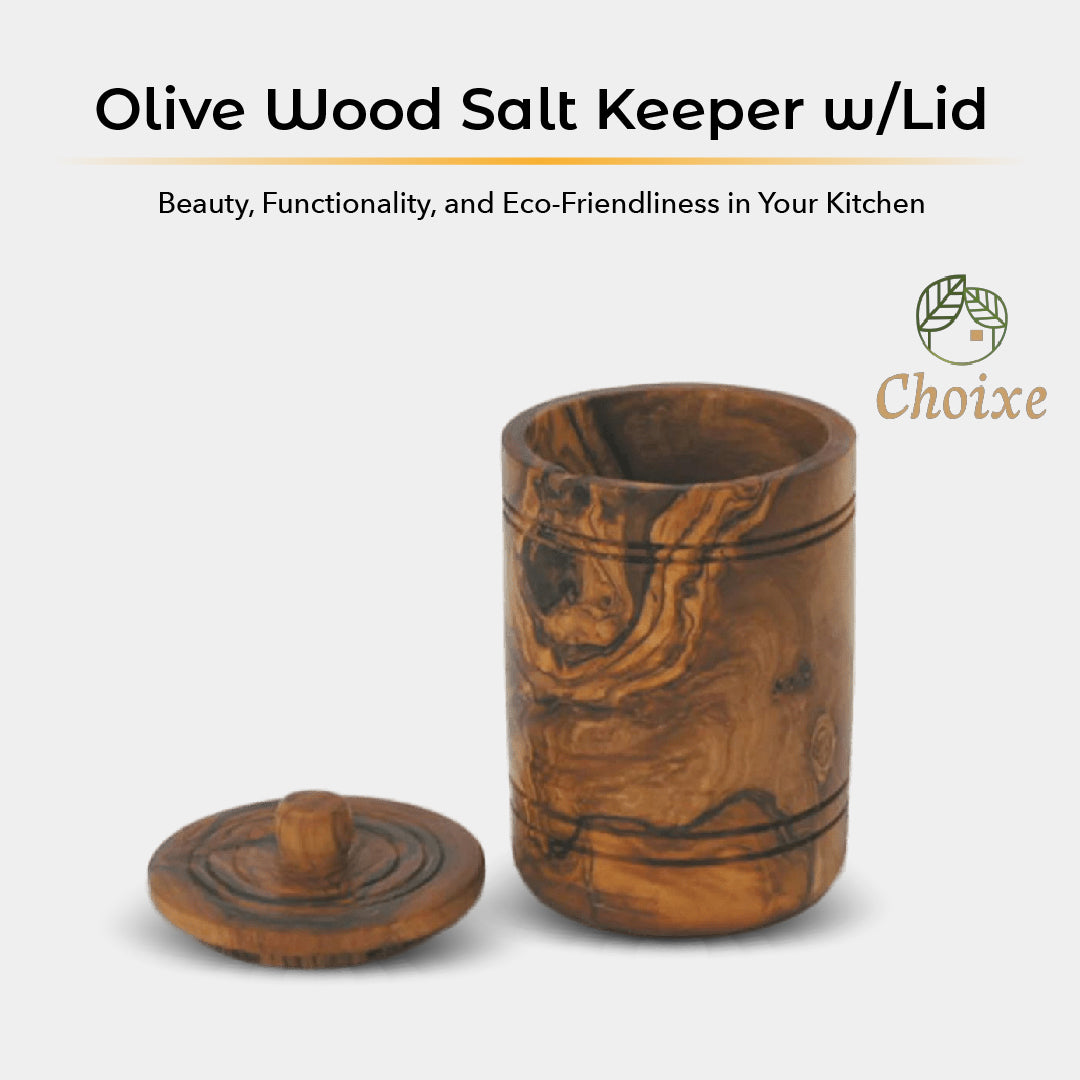 Olive Wood Salt Keeper With Lid - Hand Carved Spice Jar For Kitchen