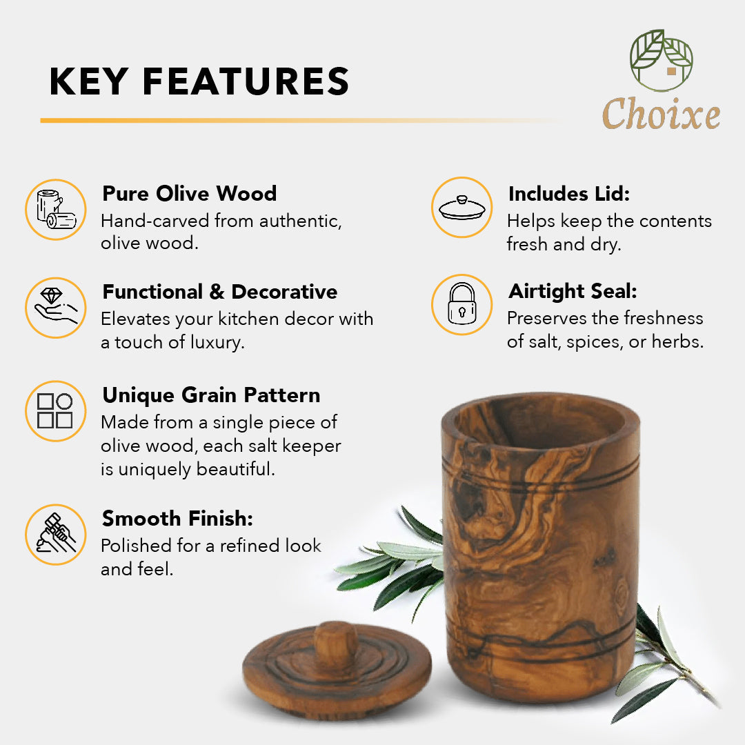 Olive Wood Salt Keeper With Lid - Hand Carved Spice Jar For Kitchen