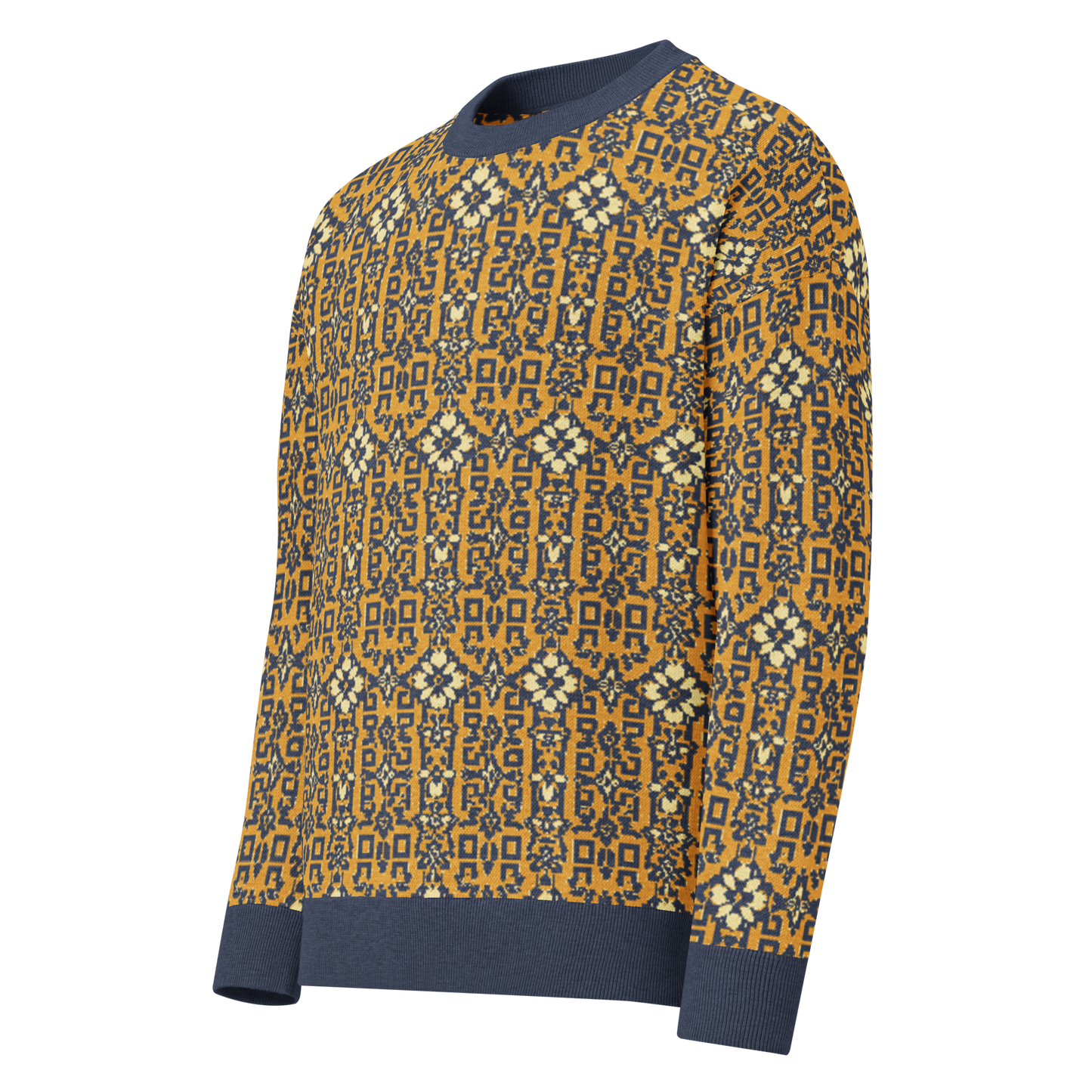 Unisex Knitted Jacquard Sweater - Relaxed fit crew neck "Mustard Flower"