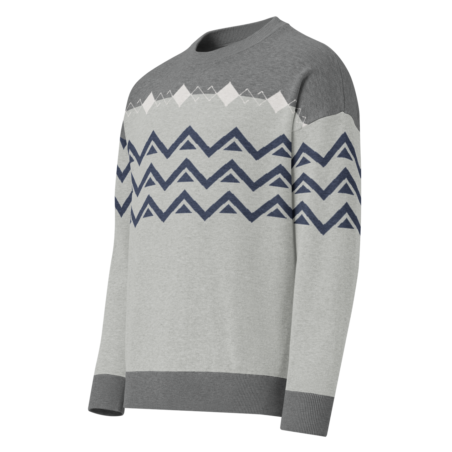 Unisex Relaxed fit knitted crew neck sweater - Grey Navy Geometric