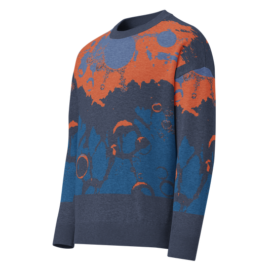 Relaxed fit knitted crew neck sweater - Abstract Blue and Burnt Orange